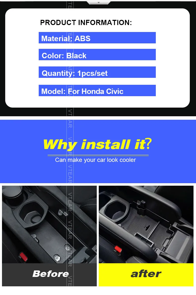 Vtear для Honda Civic ящик для хранения в подлокотнике автомобиля Средства для укладки центральная консоль контейнер держатель лоток материал крышка аксессуары