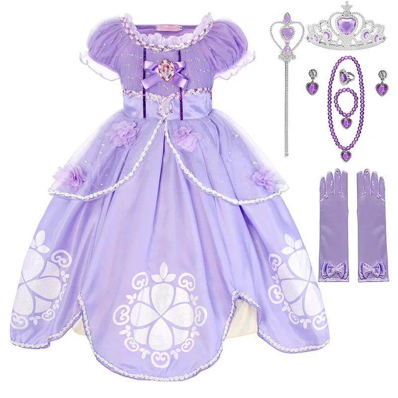 Princess Sophia the First Girls Party Dress up Puff Sleeve Ankle Length Sequined Tulle Fancy Kids Birthday Cosplay Costume Dress