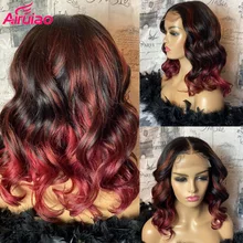 Colorido burguudy 1b99j peruca de cabelo humano ombre curto bob laço frontal perucas brasileiro solto onda profunda preplucked hd laço transparente