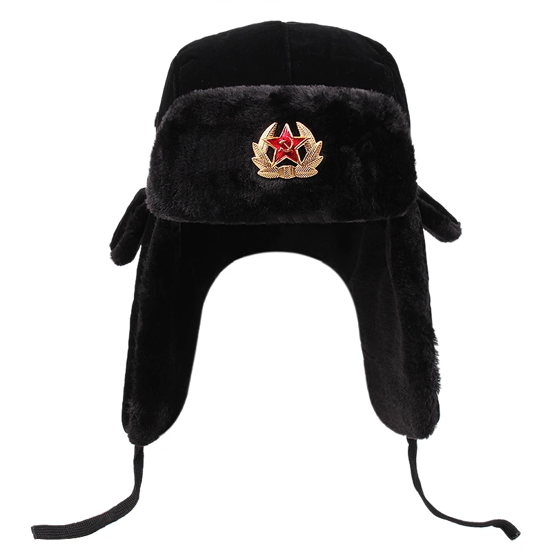 Soviet military badge Russian Ushanka bomber hat pilot hat faux rabbit winter hat with fur earmuffs snow hat Cycling cap ski cap mens aviator hat fur