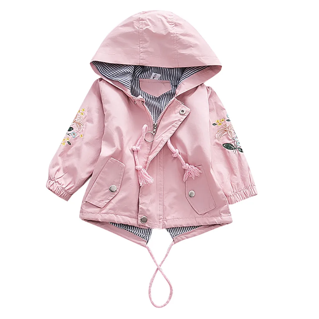 Тренч с цветочным рисунком для маленьких девочек ветрозащитное пальто с капюшоном Верхняя одежда Повседневная осенняя одежда плащ для маленьких девочек, верхняя одежда - Цвет: Pink