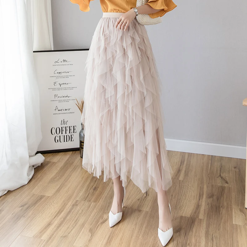 Летние юбки женские модные Асимметричные юбка из прозрачной ткани эластичная высокая талия до середины икры юбка-пачка Длинная женская 2019
