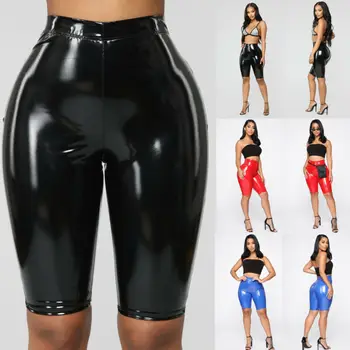 

Womens Sexy Shiny Capris PU Leather Capri Pants Joggers Women Slim Fit High Waist Solid Shorts Bodycon Short Pants HOT