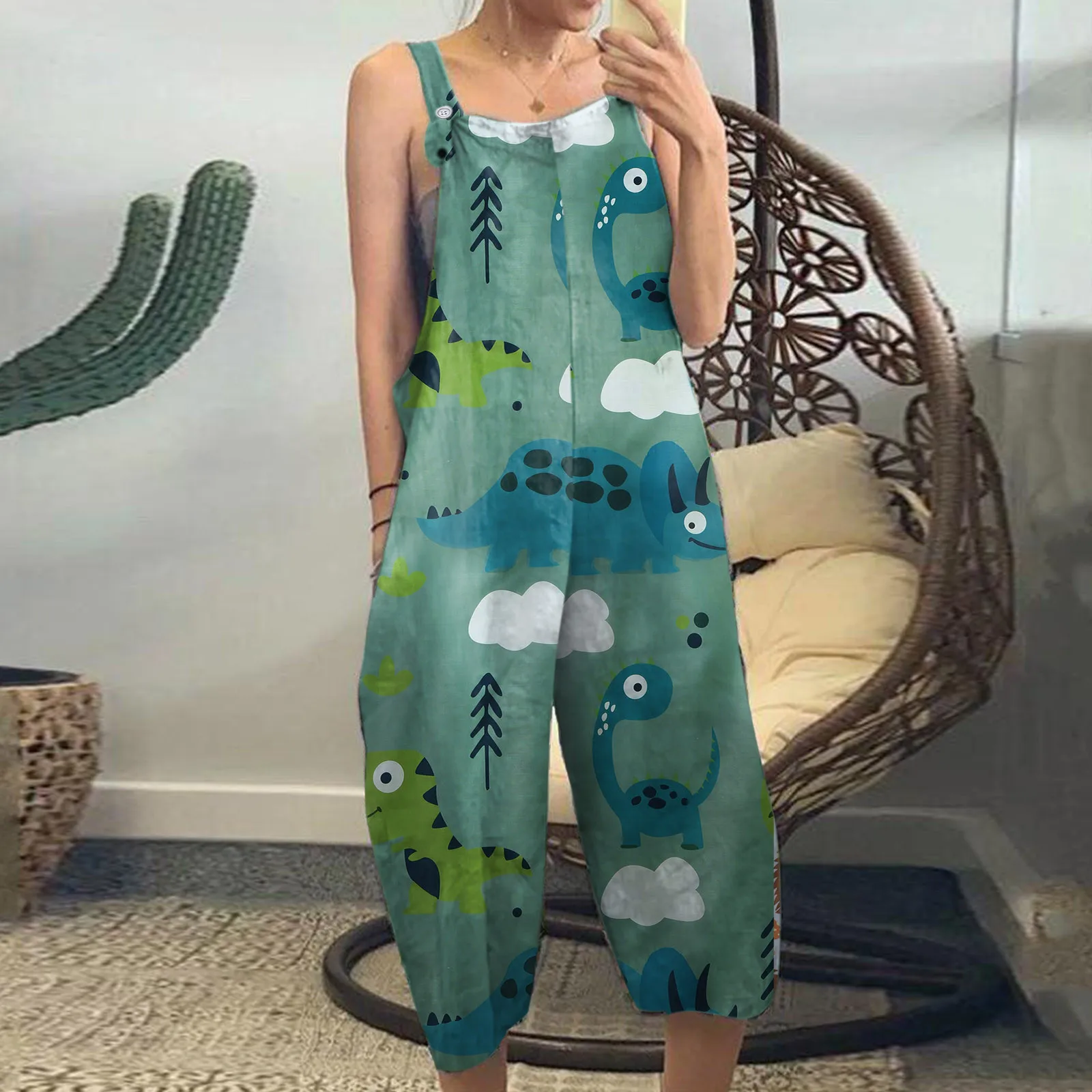 Animal Print Women pants button strap casual loose rompers pantalons capris Wide Leg With Pocket Vintage Jumpsuit ropa mujer |