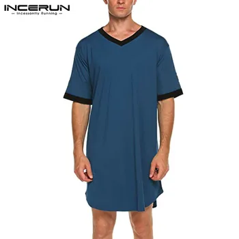 

Mens Nightgown Fashion Patchwork Sleep Robe Solid Color Sleepwear Man Short Sleeve Bathrobe Loose V Neck Nightwear INCERUN S-5XL