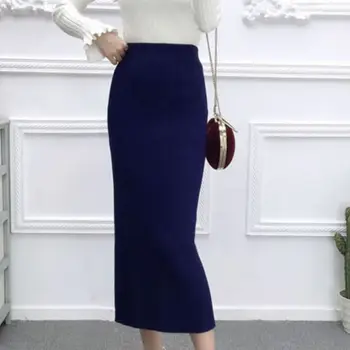 

Autumn Winter Knitwear Skirt High Waist OL Long Pencil Skirt Women Open Slit Knitted Casual Midi Skirt