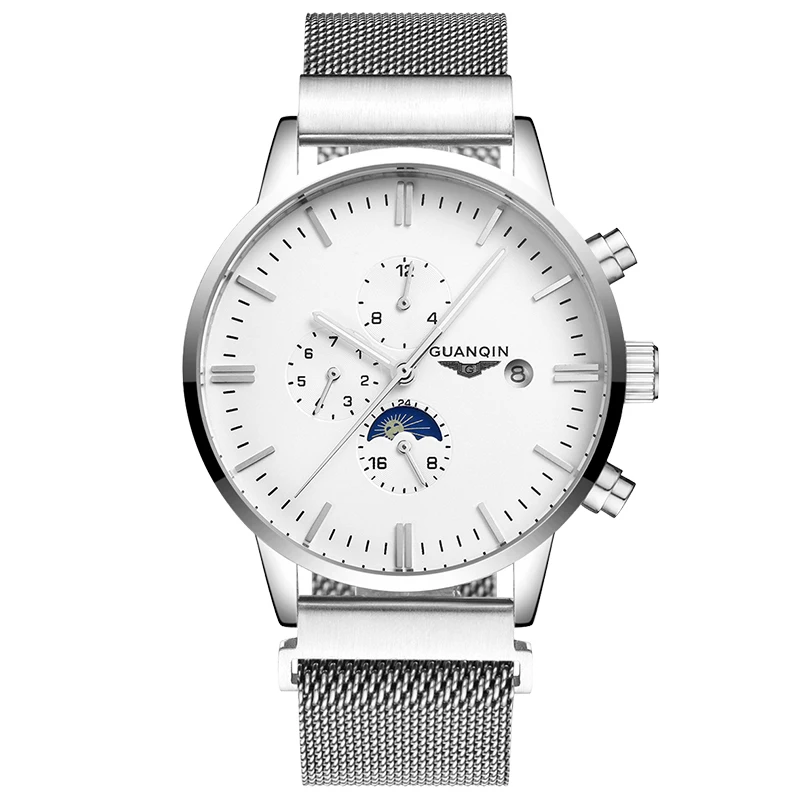 GUANQIN GJ16045 часы люксовый бренд Moon Phase Многофункциональный Автоматический мужские часы Золотая сетка стальной ремешок механические часы - Цвет: Белый