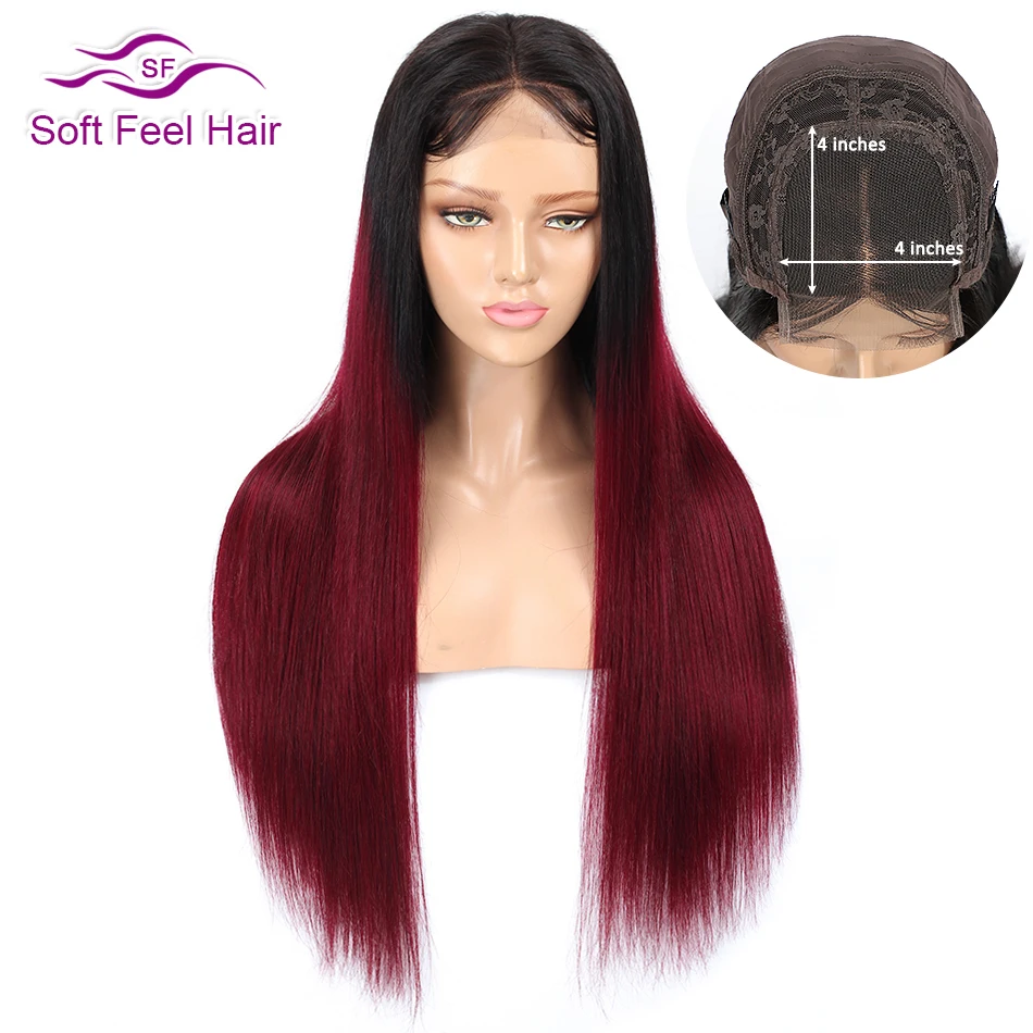 

T1B/Burgundy 4x4 Lace Closure Wig Soft Feel Hair Ombre Lace Closure Human Hair Wigs For Black Women Remy Brazilian Straight Wig