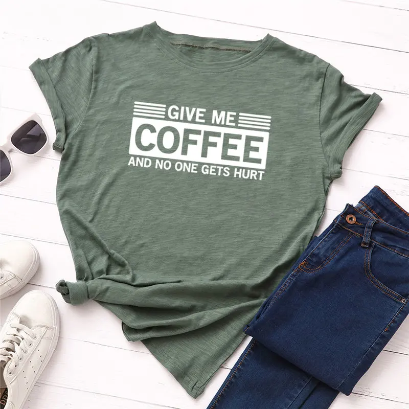 Модная женская футболка размера плюс, забавная футболка с надписью Give Me coffee, женская футболка с круглым вырезом и коротким рукавом, топы, S-5XL