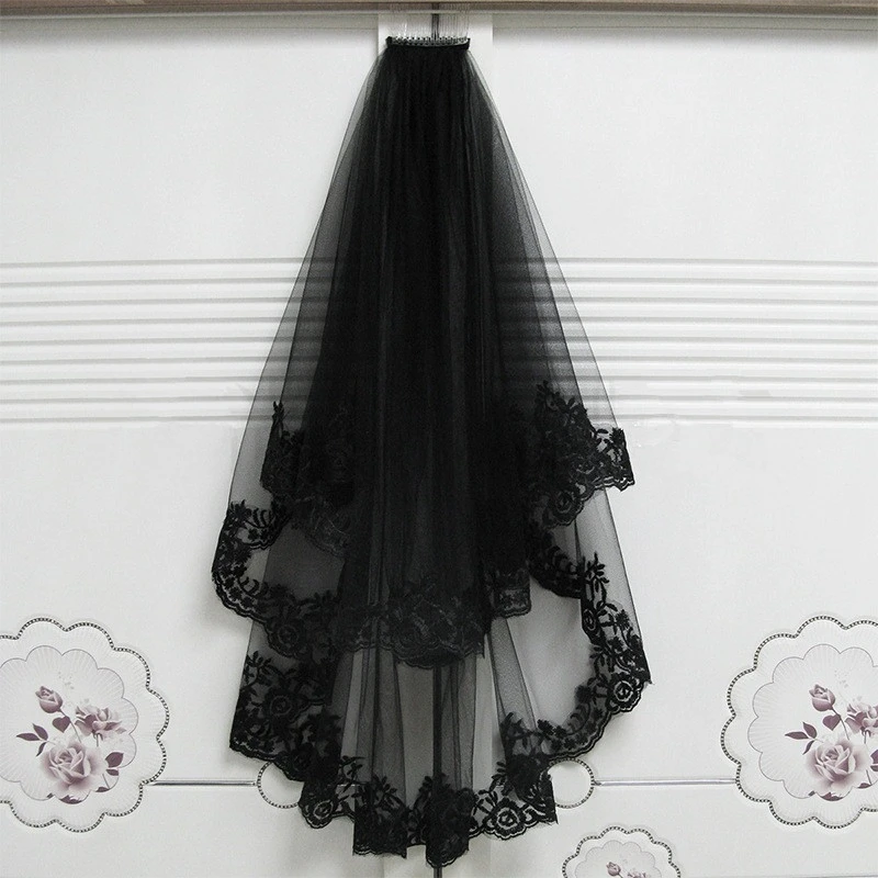 Новая Черная Фата невесты с гребнем двухслойная Velos de Noiva Аппликация Край вуаль свадебные аксессуары Черная кружевная вуаль вечерние на Хэллоуин - Цвет: Black Veil