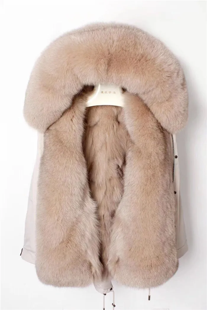 khaki fox fur liner Зимняя женская парка с подкладкой из натурального Лисьего меха, женские куртки и пальто с большим воротником из лисьего меха, плотное пальто с капюшоном - Цвет: khaki fox fur liner