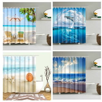 

12 hooks for Bathroom Shower curtain Waterproof Showeroom Bath curtain Sea Beach print Shower Cortina starfish Large 180x200cm