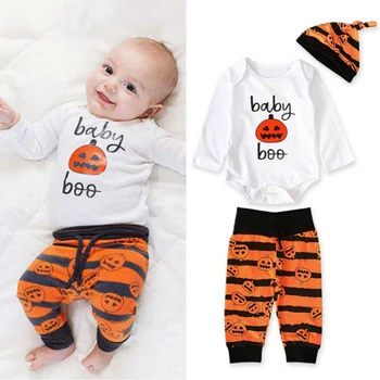 

3PCS Infant Baby Clothes Sets 2019 My first Halloween Long Sleeve Romper+Pumpkin Pants+Hat Newborn kids clothing outfits#1