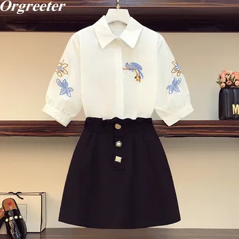 

High quality Embroidery Shirt and Skirts Suits Female 2020 New White Blouse Tops Elastic waist A-line Skirts Two piece sets