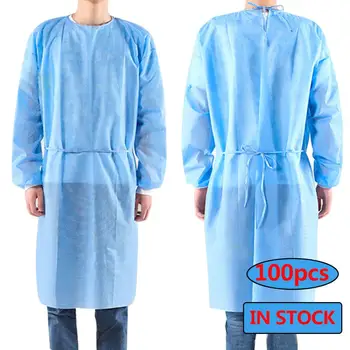 

100pcs Disposable Isolation Gown Coverall Water-proof Protection Suit Security Gown Wear with Gloves Masks