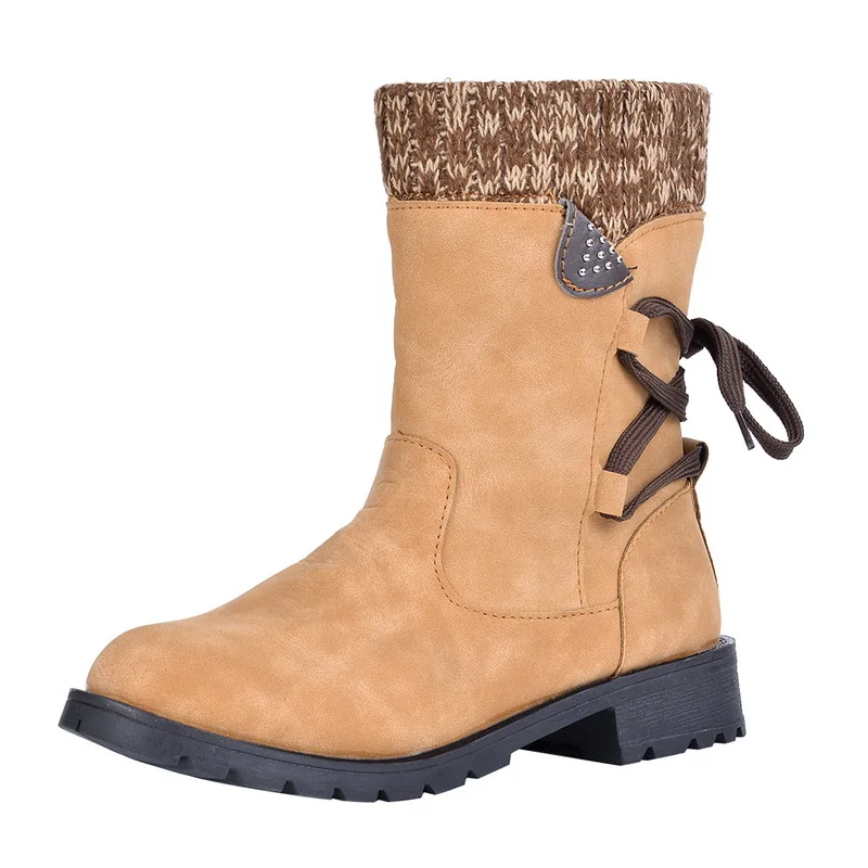 Зимние сапоги на снежную погоду модные женские сапоги до середины икры из искусственной кожи на молнии с задней шнуровкой однотонная обувь на низком каблуке - Цвет: Brown