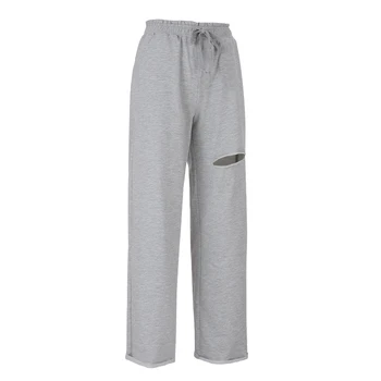 

Ladies Loose Leisure Breathable Trousers Side Pockets Drawstring Casual Pants Women Ripped Solid Color Elastic Waist Trousers