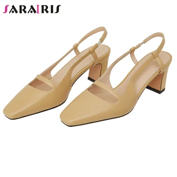 

SARAIRIS Ladies Elegant Solid OL Genuine Leather Sandals Cool Square Toe Sandals Women High Heels Summer Shoes Woman