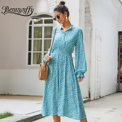 Benuynffy платье-рубашка с цветочным принтом и стоячим воротником осеннее повседневное эластичное платье трапециевидной формы с высокой