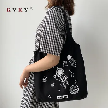 

Women Canvas Shoulder Bag Astronaut Print Shopping Bags Female Eco Cotton Cloth Handbag Foldable Tote Large Capacity Beach Bags