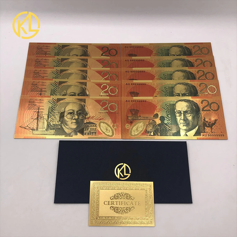 Австралия 100 долларовая Золотая банкнота покрытая красочными AUD 100 50 20 10 5 долларов Золотая фольга коллекция банкнот - Цвет: 20 AUD