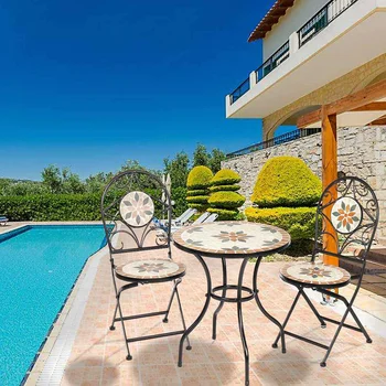 

NEW 3Pcs/Set Garden Furniture Dining Set Iron Floral Pattern Design Bistro Patio Set Round Table and 2XFoldable Chairs