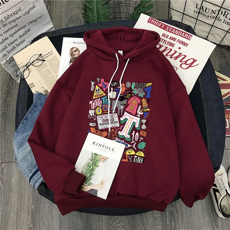 Wine red Женская толстовка с капюшоном в Корейском стиле ins Harajuku ulzzang Забавный мультяшный принт BF большой размер свободная зимняя модная Женская толстовка - Цвет: Wine red