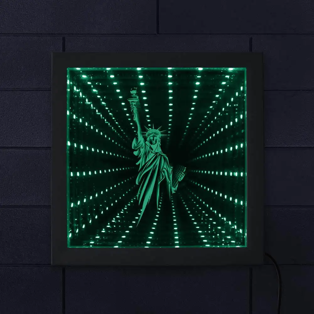 Best Classic New York Statue Of Liberty 3D Optical illusion Infinity Mirror Frame NYC LED American Values Mood Light Tunnel Vision