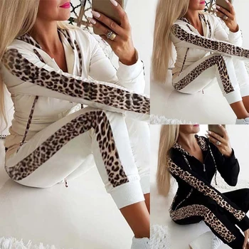 

2020 Women Autumn 2PCS Gym Set Fashion Leopard Spliced Zipper Long Sleeve Tops and Sweatpant Sets Ladies Joggers Tracksuit Set