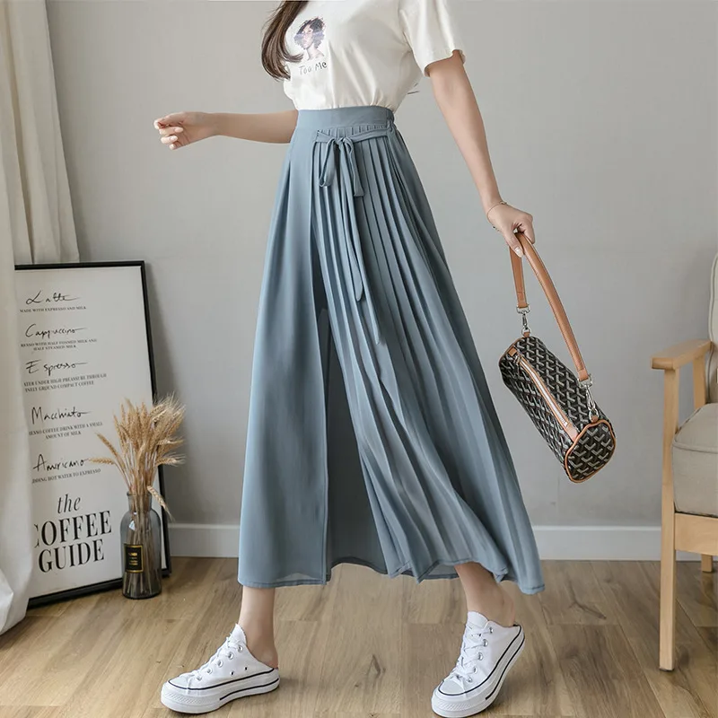 

Limiguyue Summer Korean Strawstring Pleated Chiffon Pants Skirts Casual Wide Leg Pants High Elastic Waist Trousers Beach K1919
