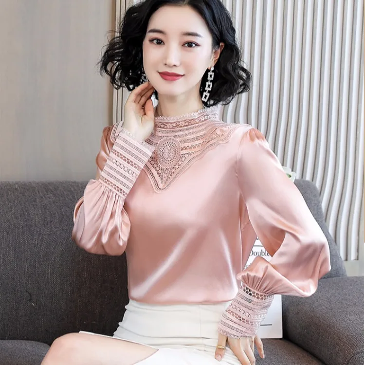 

Imitated Silk Fabric Shirt Fashion Western Style Long Sleeve 2019 Autumn New Style Lace Joint Satin Important Mulberry Silk Tops