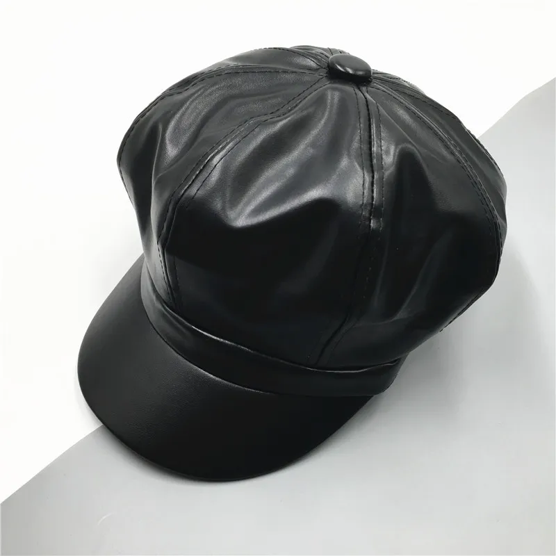 Черный Берет из искусственной кожи, зимние женские головные уборы для художника, кепка газетчика, берет в стиле винтаж, кепка s, Женская Повседневная винтажная шапка - Цвет: Черный