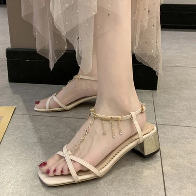 

2019 summer new rhinestone square head cross belt fashion fairy wind Roman cool shoes women