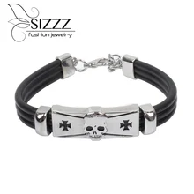 20-23 см длинный модный панк череп кожа модный браслет из нержавеющей стали и браслеты для мужчин