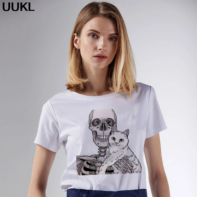 UUKL модная женская футболка 2020 летняя Harajuku Kawaii смешная с черепом и кошкой для
