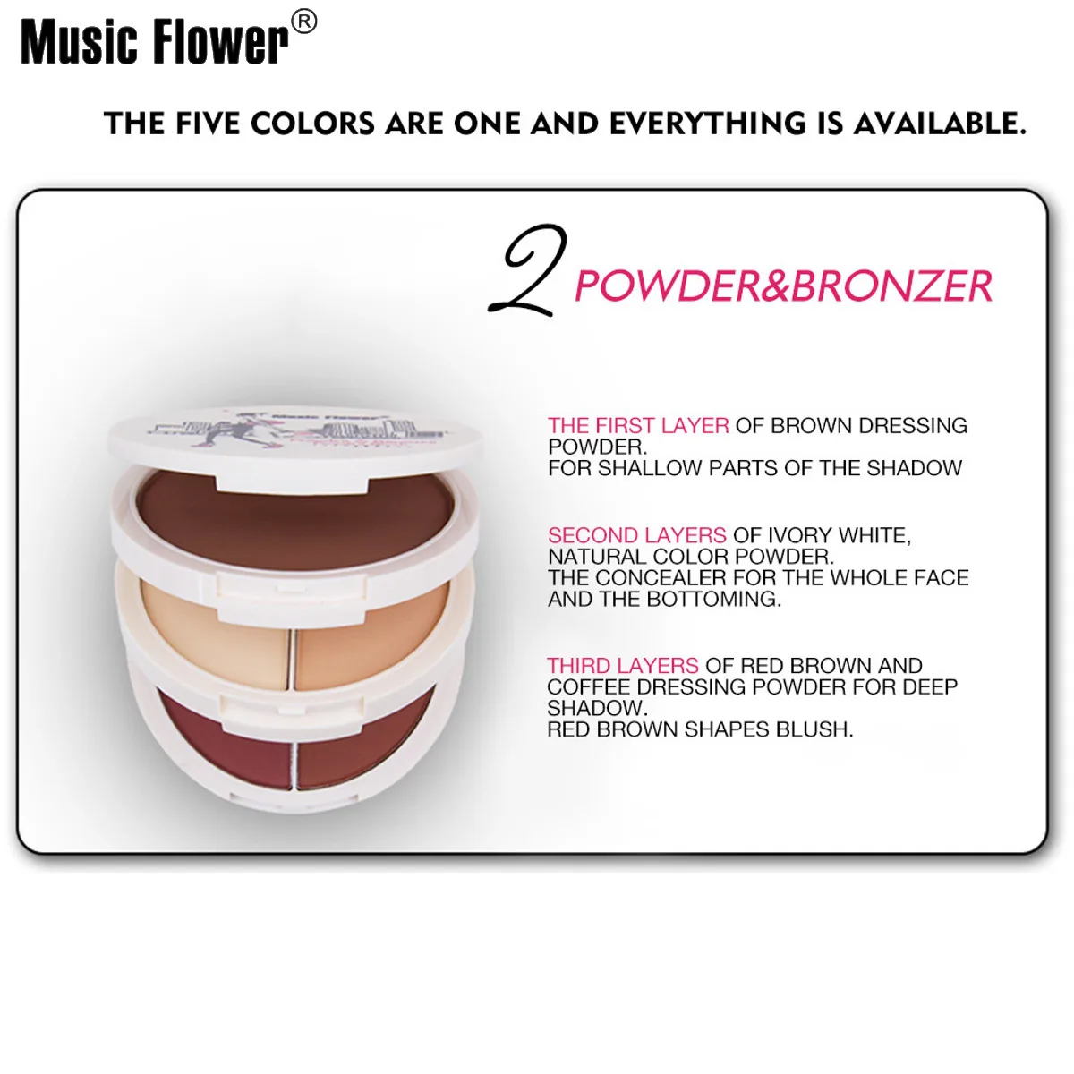 Music Flower 3 in 1 5 Colors Contouring Makeup Palette Face Corrector Bronzer Blush Compact Powder Brightening Makeup