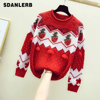 

Christmas Sweater Embroidered Strawberry Tassel Loose Sweater Jersey Mujer Turtleneck Sweaters Pullovers Girls Ladies