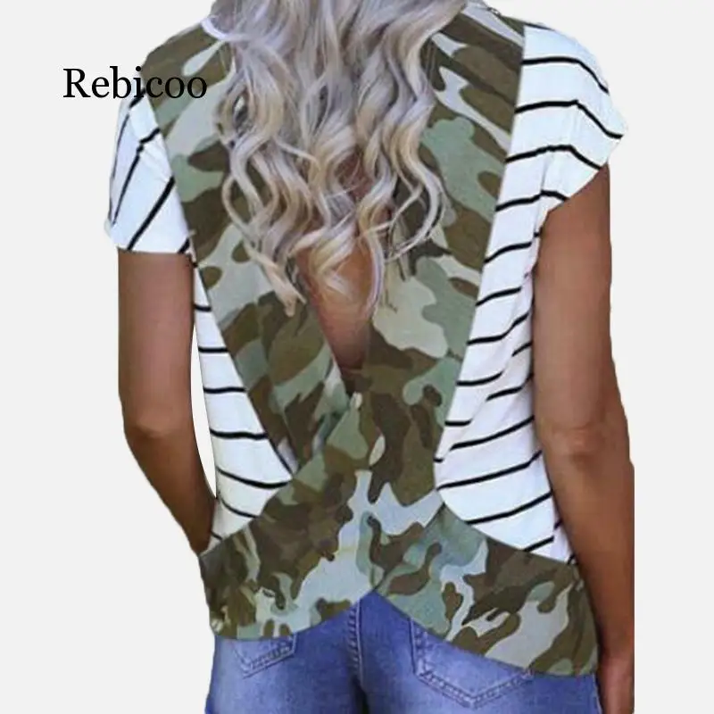  Cross Leopard Printed Women Tee Shirts Open Back Short Sleeve O Neck T Shirts Summer Fashion Loose 