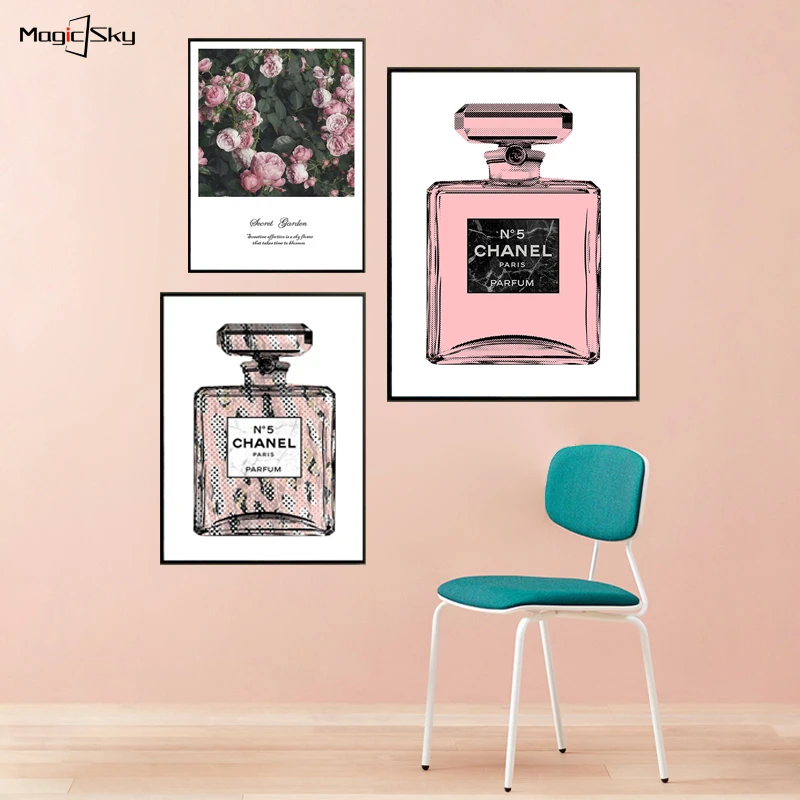 ファッションボトルの香水女性の花キャンバスの絵画ポスターやプリント壁アート写真現代ルームの家の装飾 Painting Calligraphy Aliexpress