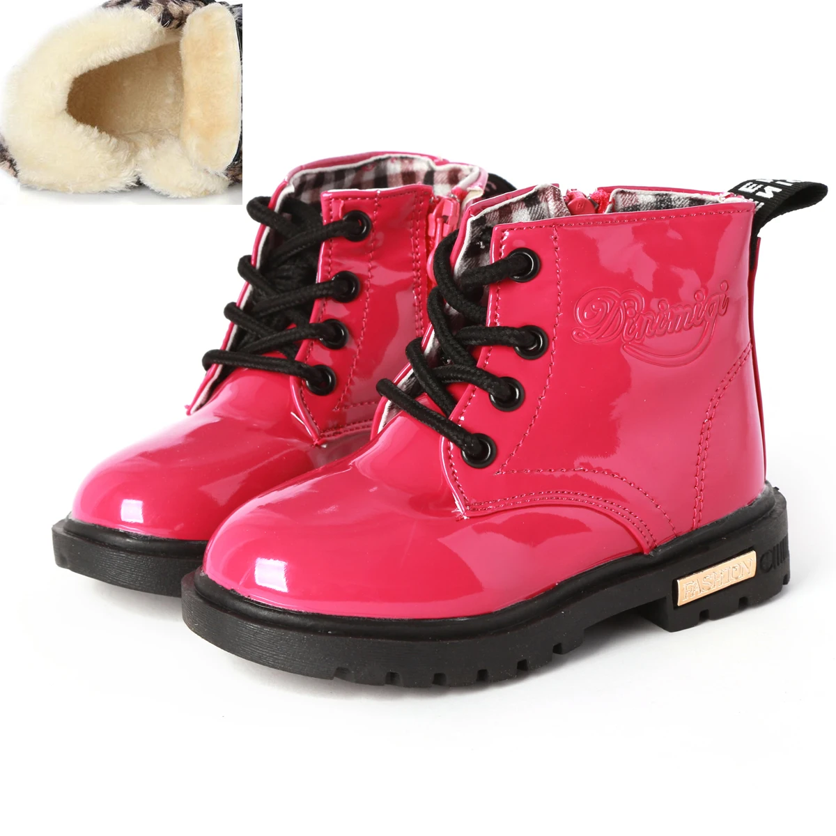 Rose red with fur Размер 21-36, Детские водонепроницаемые лыжные ботинки, теплые плюшевые ботинки для девочек, детские ботинки на шнуровке с боковой молнией, Блестящие ботильоны из искусственной кожи для мальчиков - Цвет: Rose red with fur