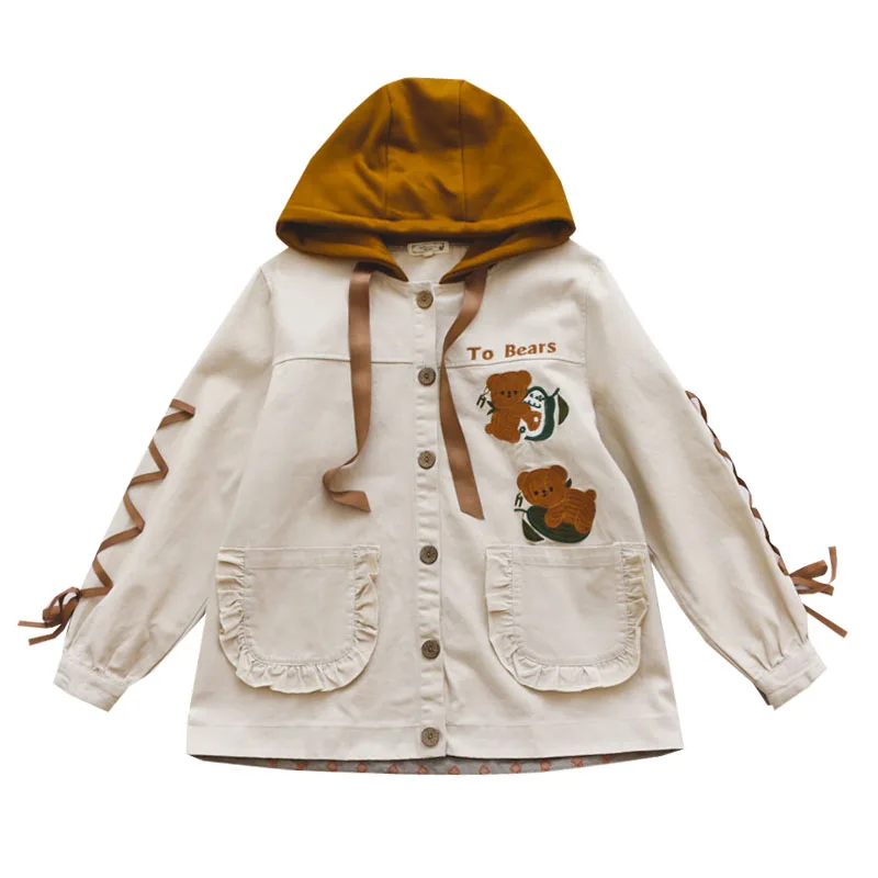 

Autumn Wide Single-breasted Women's Cotton Long-sleeved New Preppy Style Embroidery Kitten Warm Jacket Ladies Hooded Jacket
