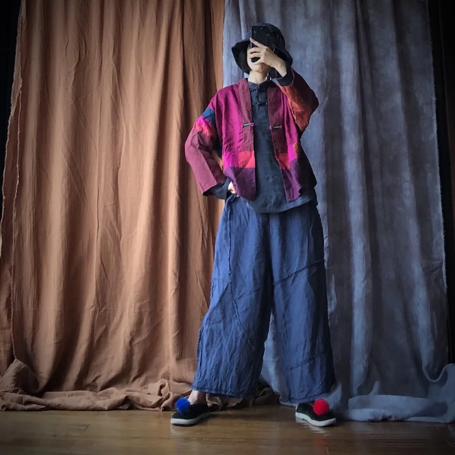 Johnature Patchwork 2020 Autumn New Women Pants Linen Elastic Waist Loose Vintage Ankle-Length Linen Casual Straight Pants