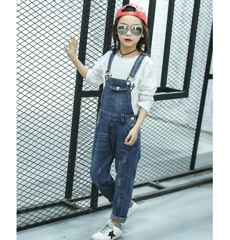 Spring Childrenswear New Style Girls' Overalls Jeans Casual Pants 6-8-10-14-Year-Old Fashion Crawler