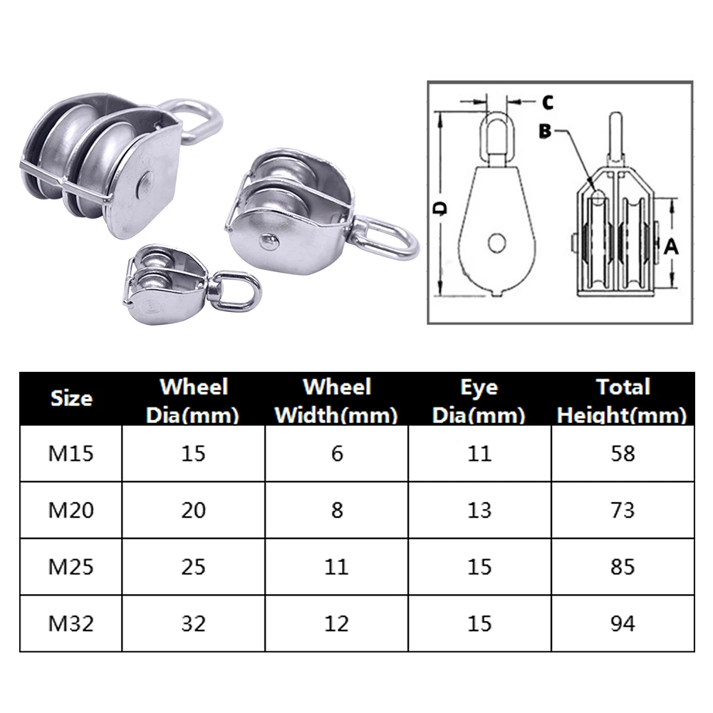 Fixed Tool Lifting Mini Swivel Hook Climbing M15-32 Roller Loading 304 Stainless Steel Crane Double Pulley Block Sheave Crown
