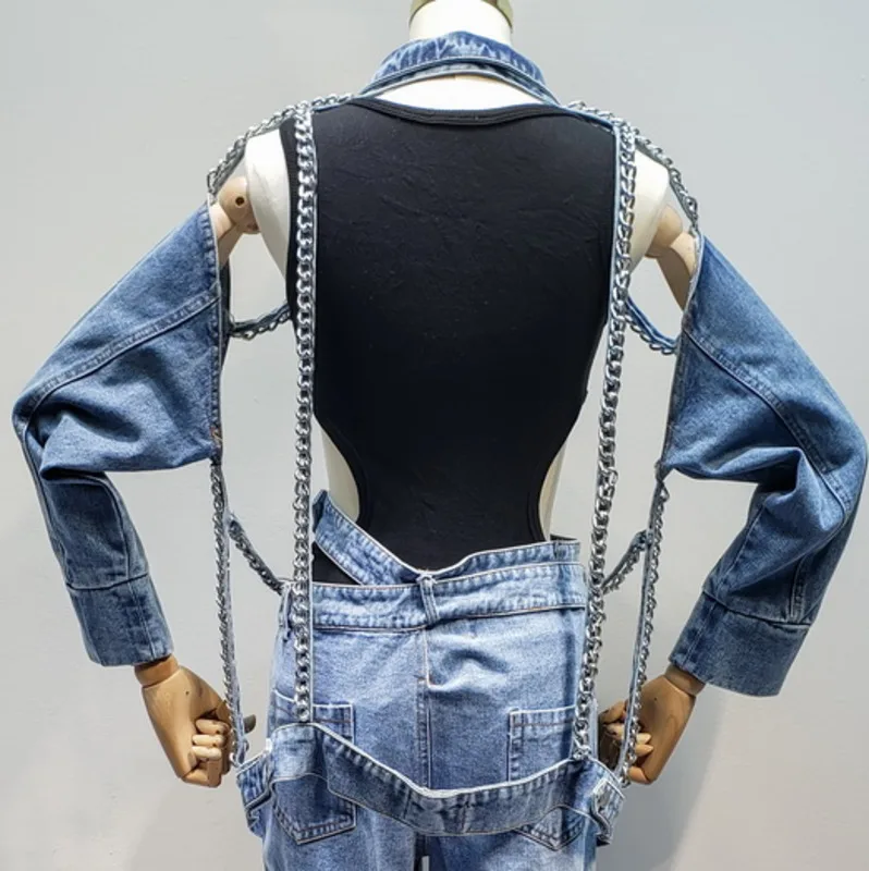 Fashion Tide Autumn New Casual Fashion Temperament Women Jacket Loose Plus Long-sleeved Iron Chain Jewelry Denim Coat TC571