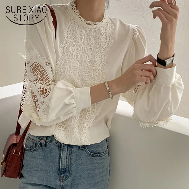 

New Korean Vinatge White Shirts Women Lace O-Neck Solid Lantern Sleeve Women Blouses Tops Hollow Out Loose Female Shirt 12620