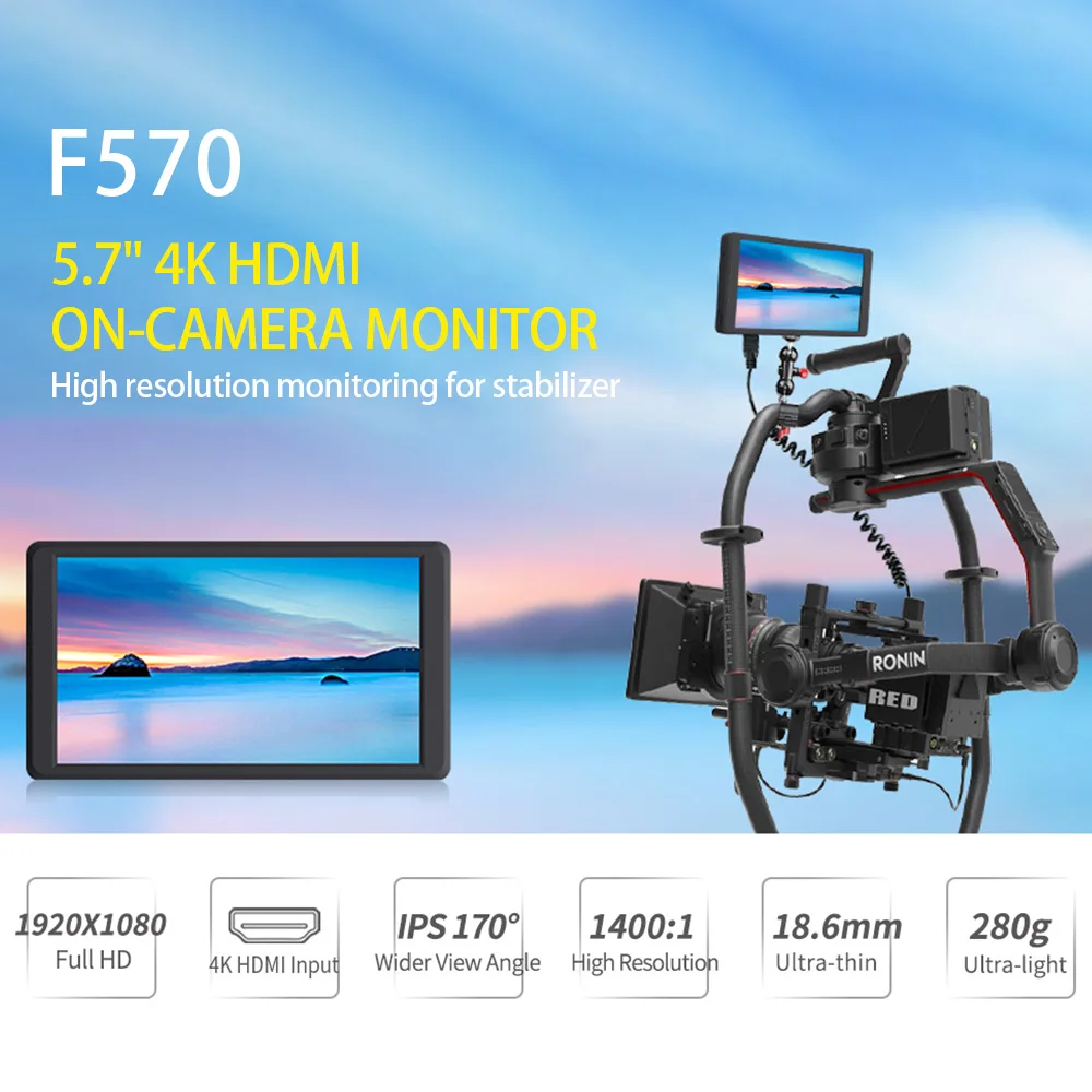 F570 5.7 Inch on Camera DSLR Field Monitor Touch Screen IPS Full HD 1920x1080 Video Focus Assist 4K Monitor for Canon Camera F570 5.7 Inch on Camera DSLR Field Monitor Touch Screen IPS Full HD 1920x1080 Video Focus Assist 4K Monitor for Canon Camera