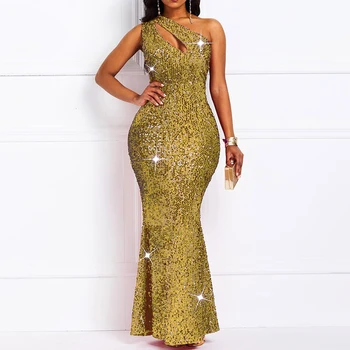 

One Shoulder Golden Sparkly Evening Party Dress Women Luxury Sexy Sequins Mermaid Formal Dress Elegant Bodycon Long Club Dresses