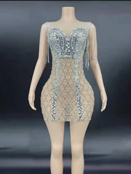 Sparkly Gala Scene Rhinestones Bra Body Chain Nude Mini Dress Sexy Nightclub Full Stones Costume Prom Birthday Celebrate Dresses