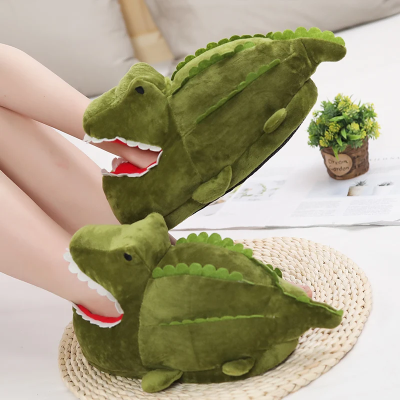 1PC New Cartoon Crocodile Plush Home Winter Warm Non-slip Cotton Funny Shoes Green Half Cover Toe Slides Furry Slides